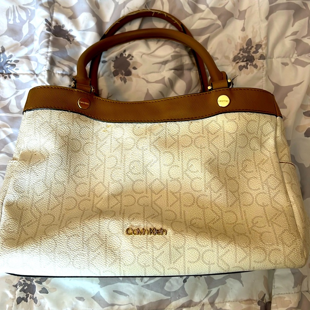 Calvin Klein pocketbook 12 inches long, white and tan leather